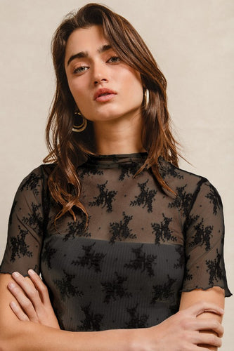 High Neckline Mesh Lace Short Sleeve Top