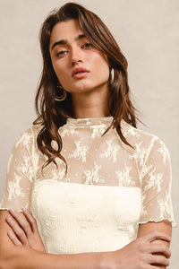 High Neckline Mesh Lace Short Sleeve Top