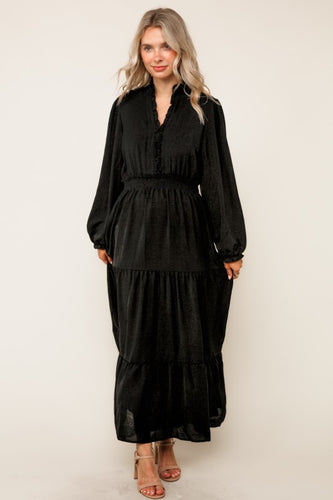 Black Solid Smocking Waist Tiered Midi Dress