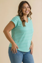Load image into Gallery viewer, Mint &amp; White V Neck Banded Drop Shoulder Stripe Top