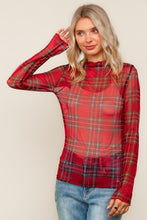 Load image into Gallery viewer, High Neck Line Plaid Mesh Semi Sheer Top