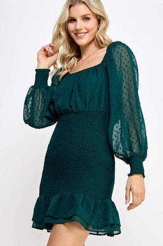 Hunter Green Smocked Dot Chiffon Dress
