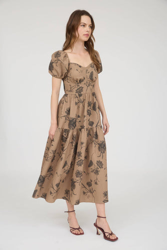 Khaki Floral Sweetheart Midi Dress