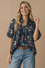 Load image into Gallery viewer, Navy Notch Neck Floral Empire Waist Woven Top