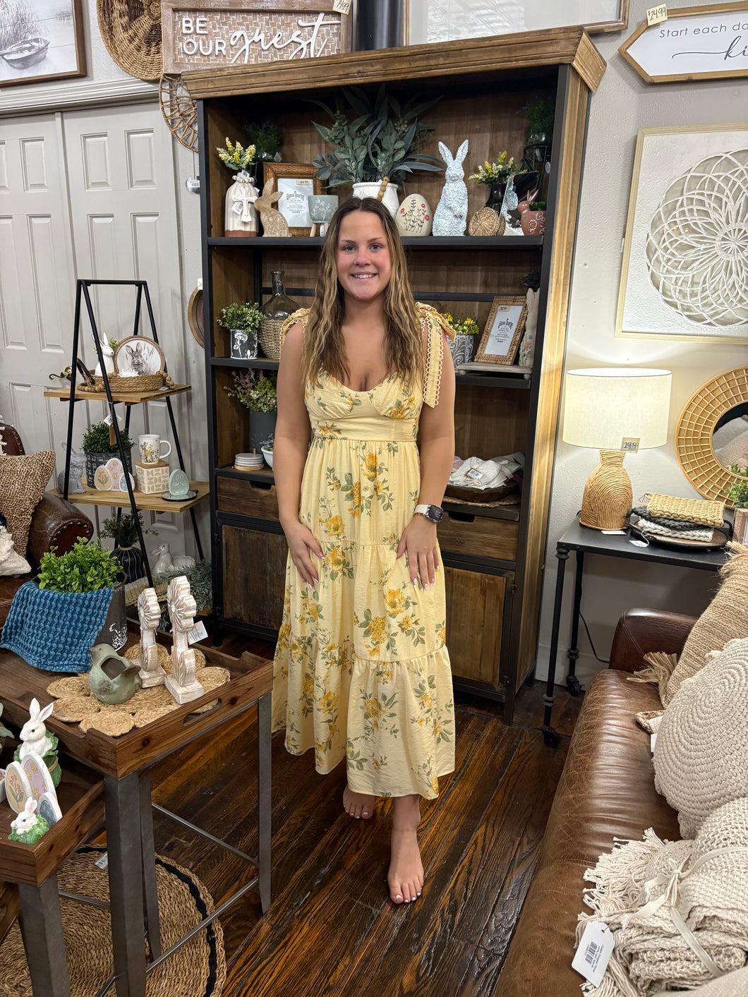 Butter Yellow Floral Tie Strap Midi Dress Small