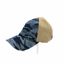 Load image into Gallery viewer, Denim Washed Camouflage Stretch Mesh High Pony CC Ball Cap
