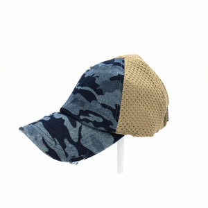 Denim Washed Camouflage Stretch Mesh High Pony CC Ball Cap