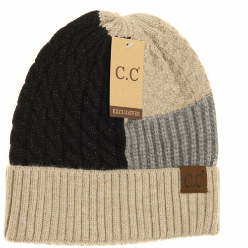 Tri-Color Cuff Beanie in Black/Beige