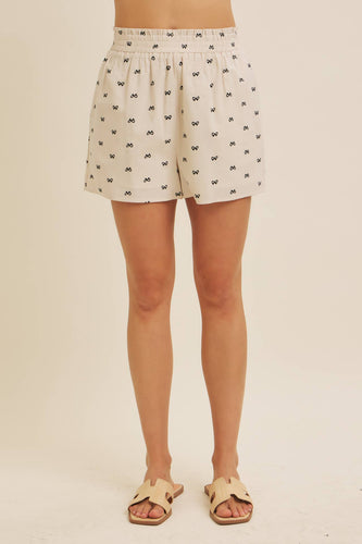 Cream Bow Linen Stretchy Shorts