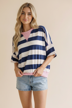 Load image into Gallery viewer, Navy &amp; Pink Stripe French Terry Top