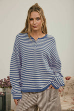Load image into Gallery viewer, BUTTON HENLEY STRIPE LONG SLEEVE DROP SHOULDER SWEATER: BURGUNDY