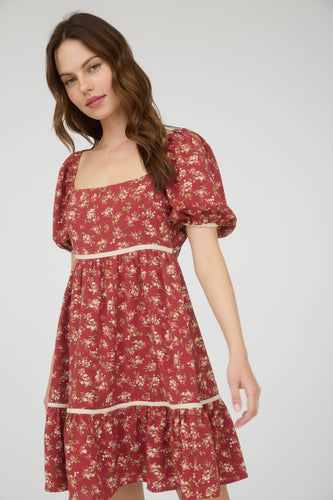 Burgundy Floral Contrast Trim Mini Dress