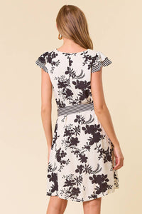 Floral Jacquard V-neck Butterfly Cap Sleeve Dress