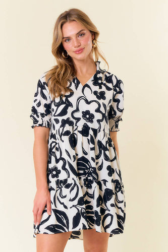 Black Floral Smocked Split V-Neck Puff Dress