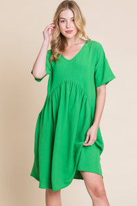 Green Textured Shirred Waist Dress