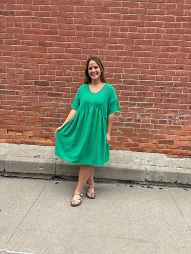 Green Textured Shirred Waist Dress