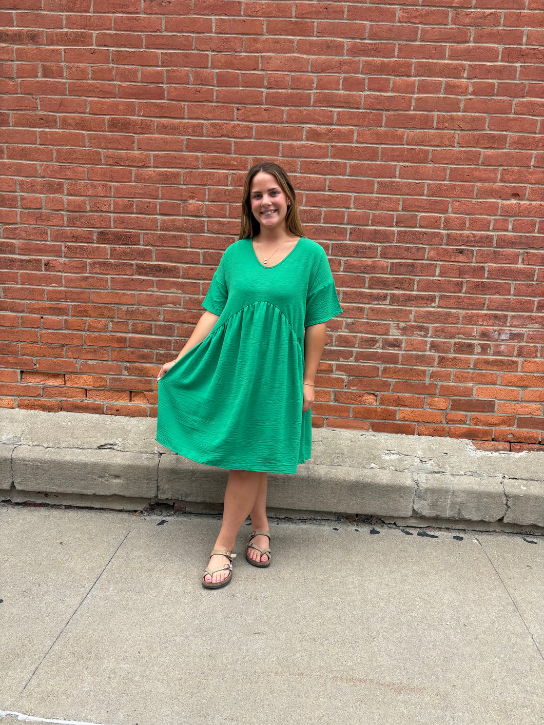 Green Textured Shirred Waist Dress