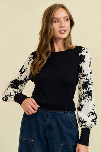 Black Floral Jacquard Contrast Sleeve