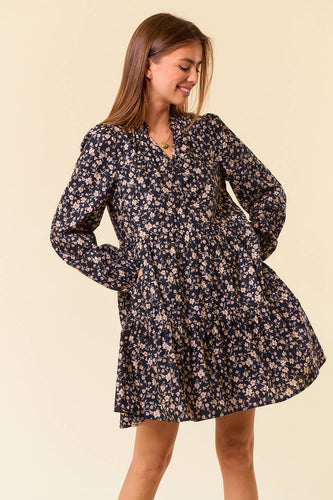 Black Floral Print Tiered Mini Dress