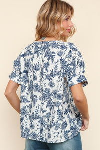 Blue Floral Round Neck Top