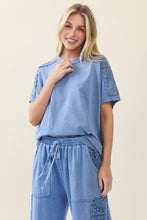 Load image into Gallery viewer, Denim Blue Mineral Washed Boho Trim Top