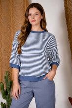 Load image into Gallery viewer, TEXTURED STRIPE DROP SHOULDER KNIT TOP: LIGHT DENIM
