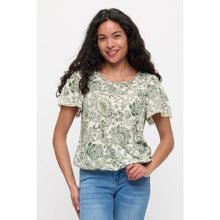 Load image into Gallery viewer, Green &amp; Ivory Crochet Trim Top