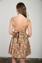 Load image into Gallery viewer, Mocha Floral Gathered Back Tie Mini Dress
