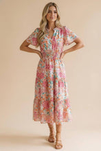 Load image into Gallery viewer, Coral Notch Neck Smocked Waist Maxi Floral Dress