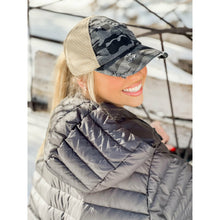 Load image into Gallery viewer, Denim Washed Camouflage Stretch Mesh High Pony CC Ball Cap