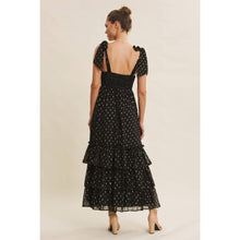 Load image into Gallery viewer, Black Ruched Foil Swiss Dot Maxi Dress