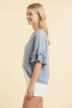 Load image into Gallery viewer, Fringed Tiered Sleeve Raglan Denim Top