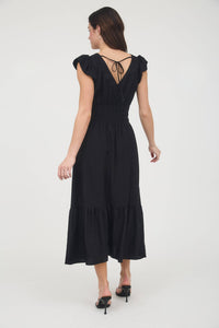Black Ruffle Shirred Waist Midi Dress