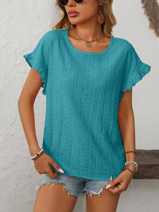 Turquoise Blue Eyelet Crewneck Top