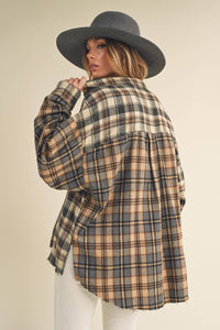 Tan & Blue Plaid High Low Oversized Flannel