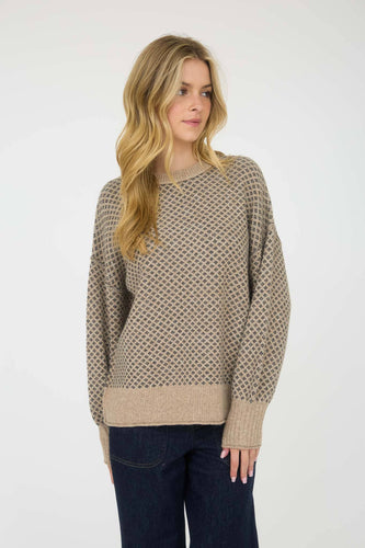 Khaki Jacquard Crew Neck Sweater