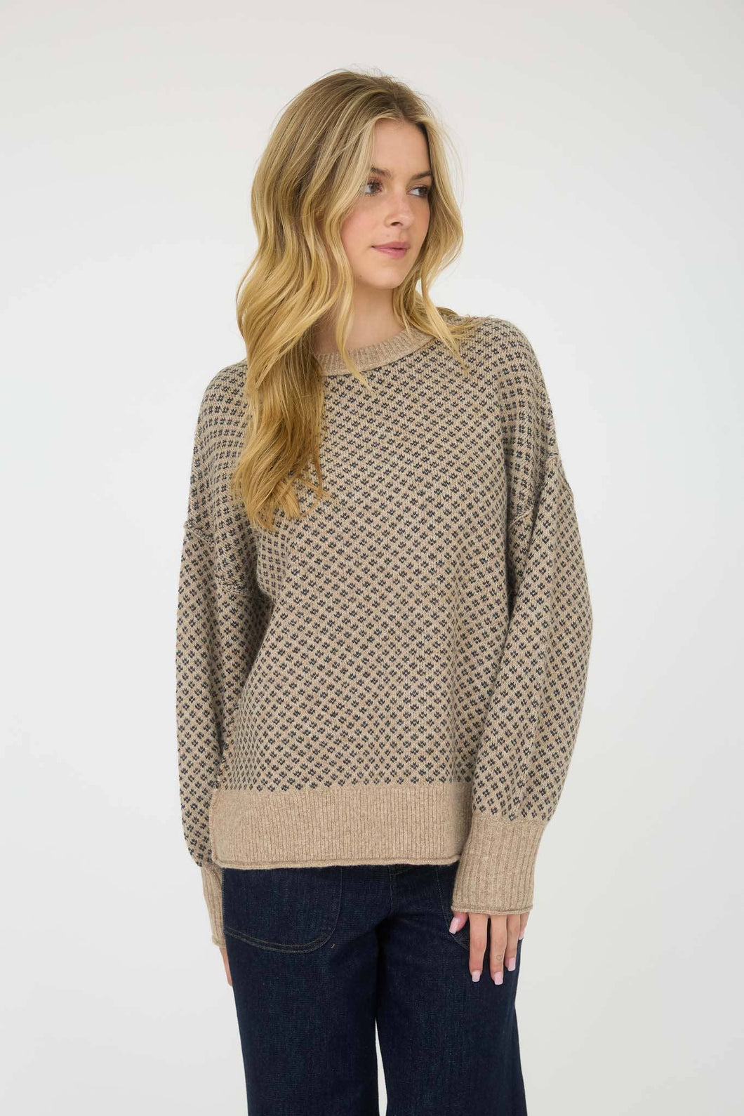 Khaki Jacquard Crew Neck Sweater
