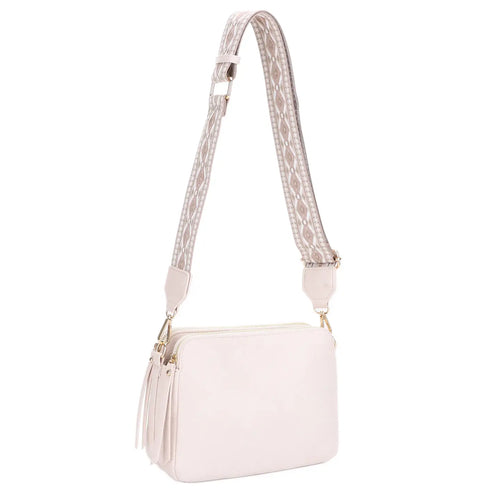 Mila 3 Compartment Crossbody Bag With Guitar Strap: Ivory