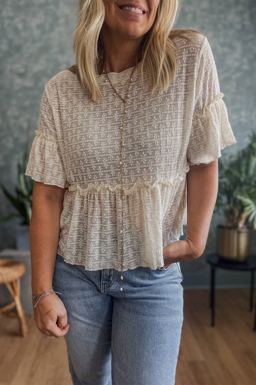 Beige Textured Ruffled Top