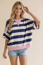 Load image into Gallery viewer, Navy &amp; Pink Stripe French Terry Top