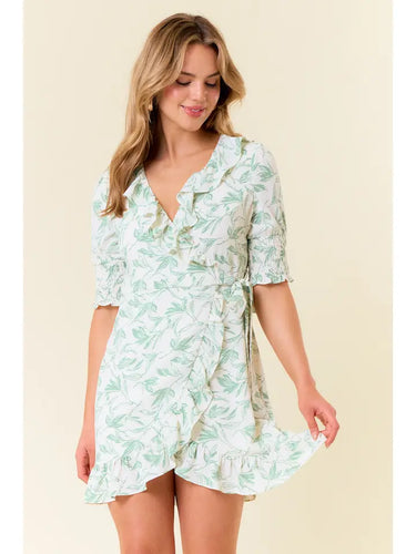 Sage Floral Smocked Wrap Dress
