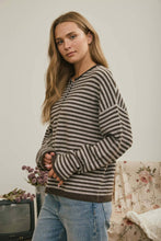 Load image into Gallery viewer, BUTTON HENLEY STRIPE LONG SLEEVE DROP SHOULDER SWEATER: BURGUNDY