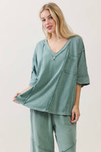 Load image into Gallery viewer, Moss Green Mineral Wash Raw Detailed V-neck Top