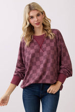 Load image into Gallery viewer, Burgundy Checkered Print Drop Shoulder Pullover Top