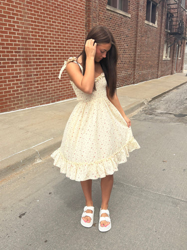 Cream Floral Smocked Dress