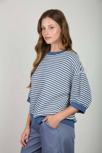 Load image into Gallery viewer, TEXTURED STRIPE DROP SHOULDER KNIT TOP: LIGHT DENIM