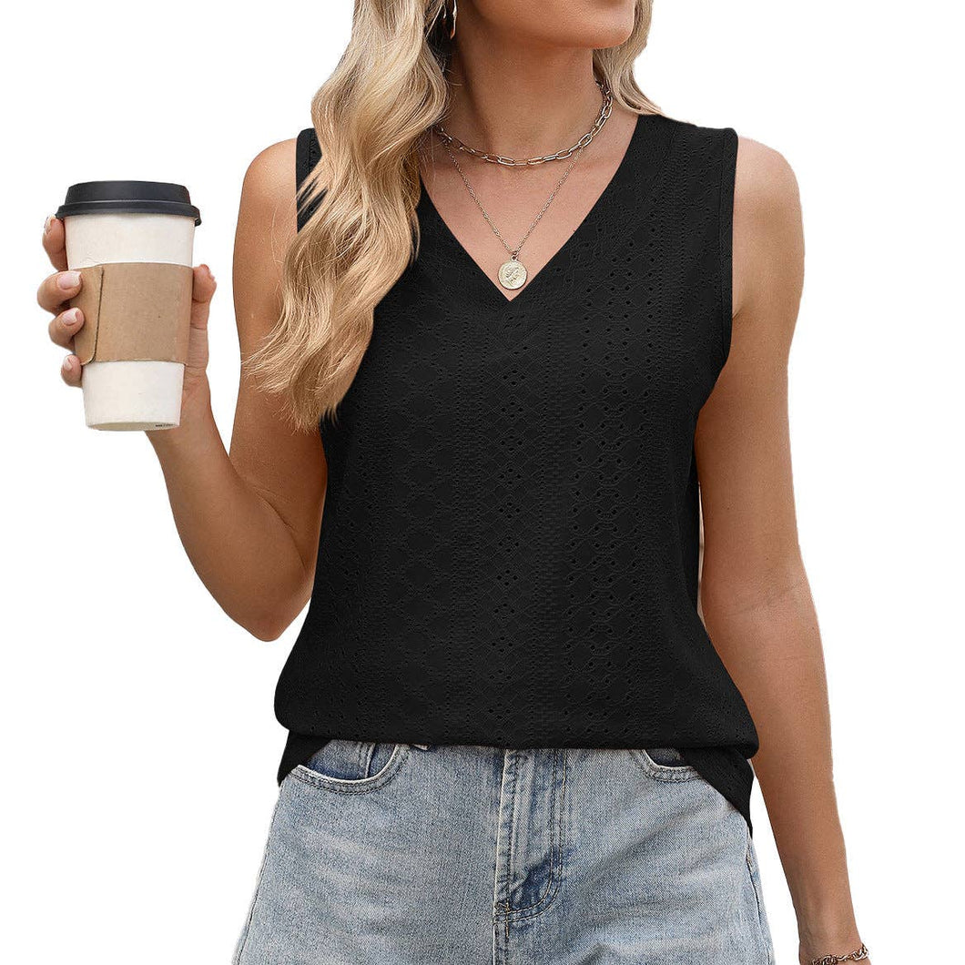 Black Eyelet V Neck Tank