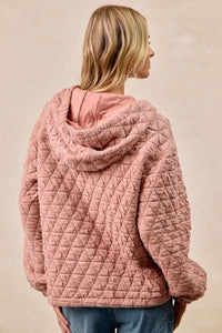 Quilting Knit Buttoned Hoodie Top With Pocket