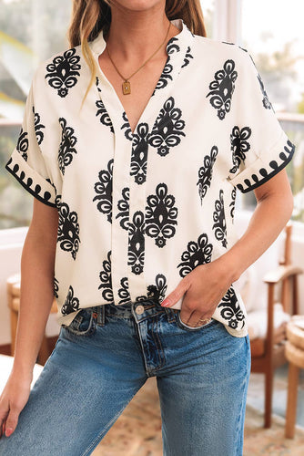 Geometric Print V Neck Top