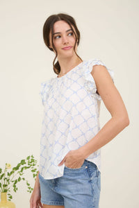 Blue Bow Top w/Ruffle Sleeve